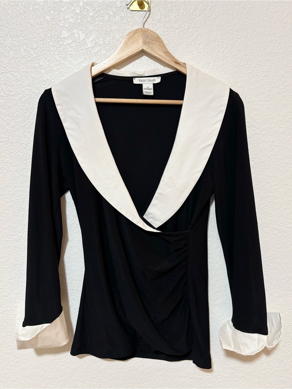 WHBM Black White Ruffle Wrap Top Womens L Y2K Preppy Vintage Inspired